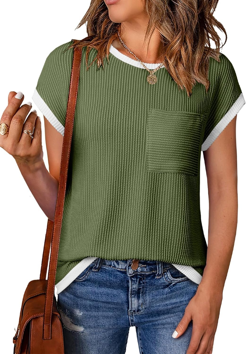 EVALESS Women’s Short Sleeve T Shirts Crewneck Color Block Ribbed Knit Tee Blouses 2026 Trendy Summer Tops