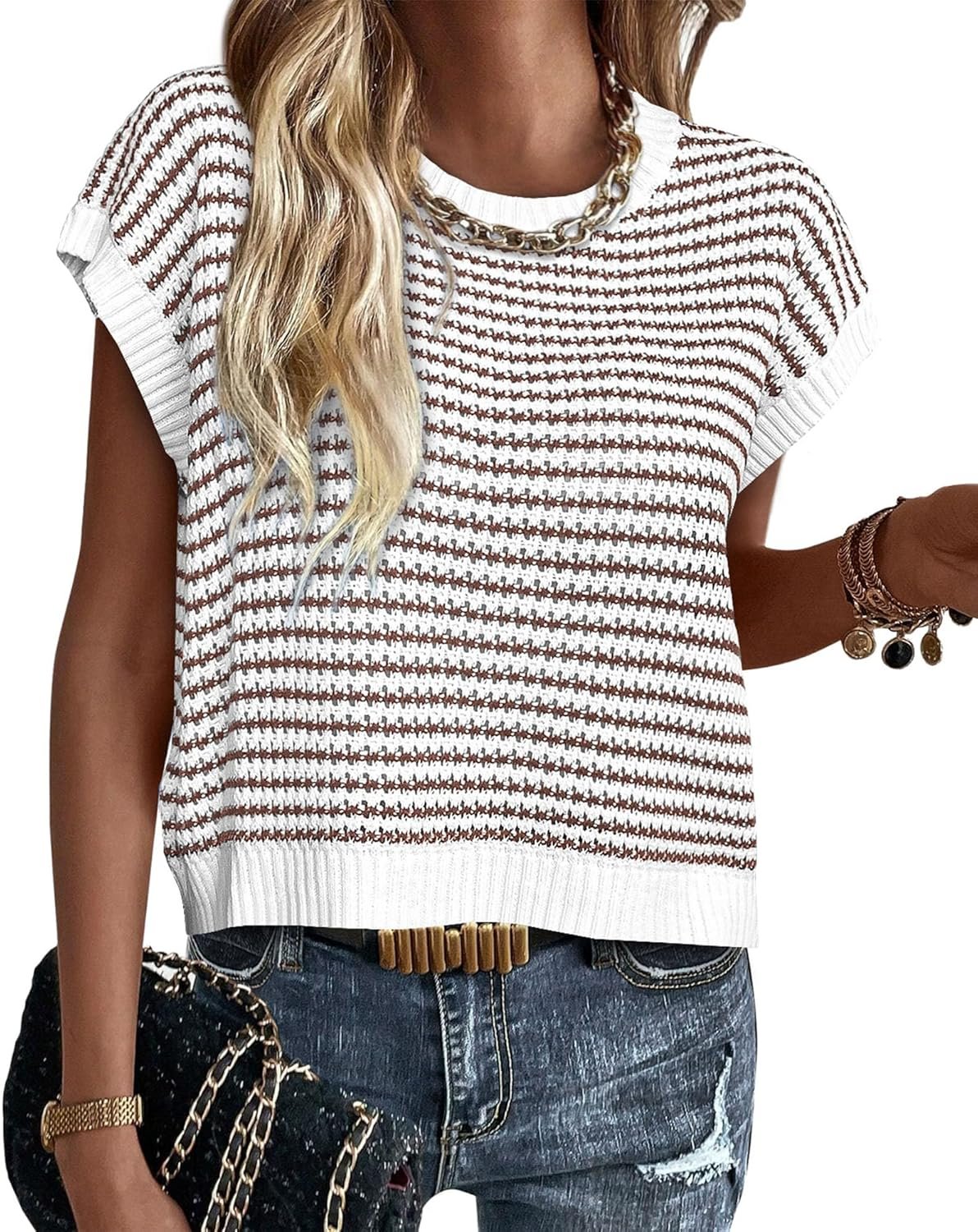 PRETTYGARDEN Womens Short Sleeve Sweater Spring Summer 2026 Round Neck Striped Pullover Cap Sleeve Knit Sweater Vest Tops