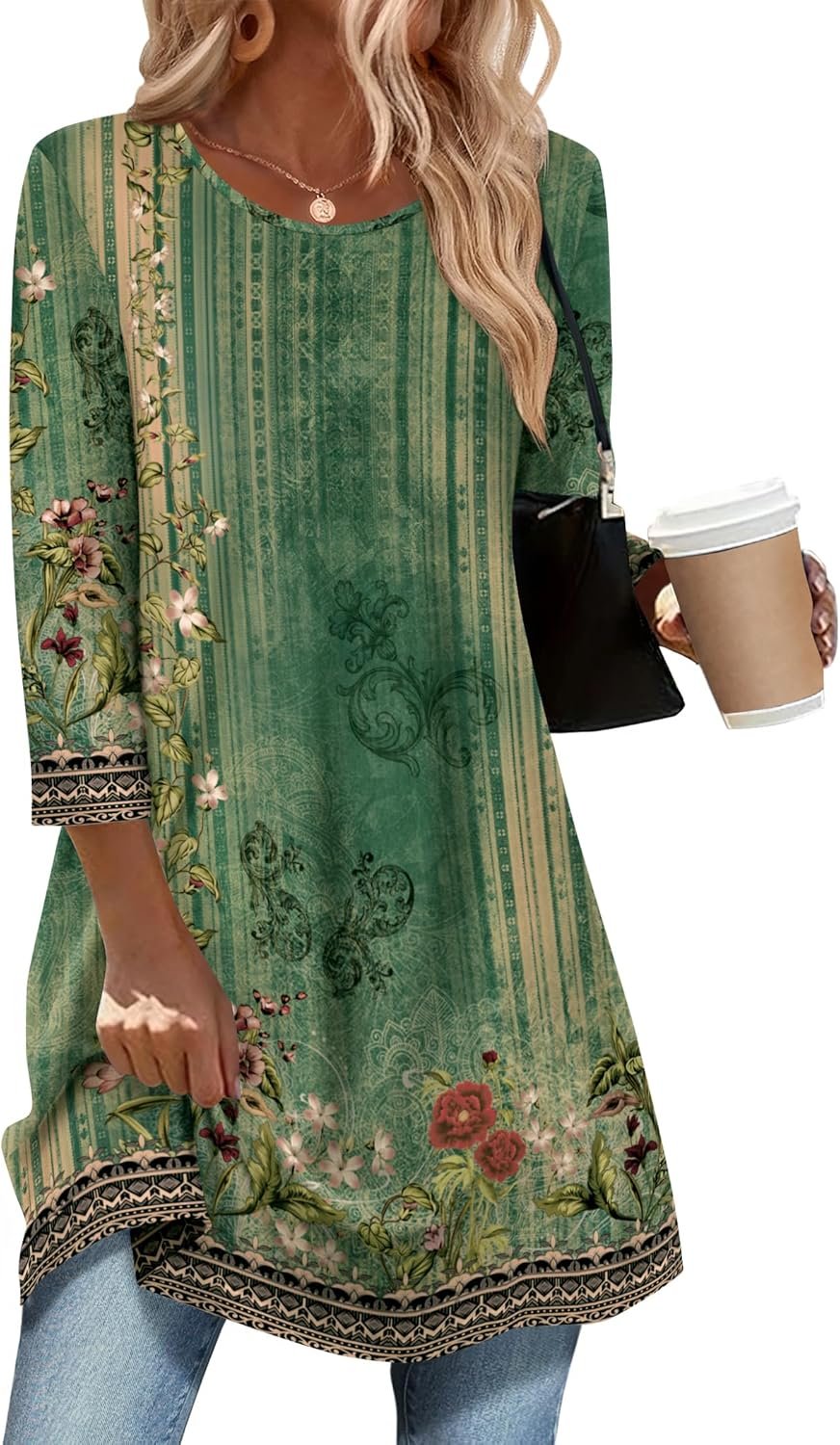 Zeagoo Women Tops 3/4 Sleeve Dressy Casual Plus Size Tunics to Wear with Leggings Swing Flare T-Shirt Loose Blouses