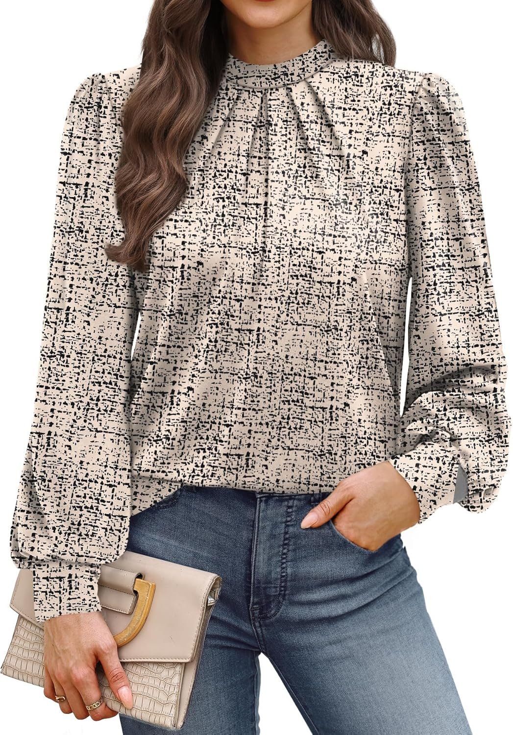WIHOLL Long Sleeve Shirts for Women Mock Neck Tops Pleated Front Blouses Dressy Casual Spring Fall Clothes 2026 Fashion