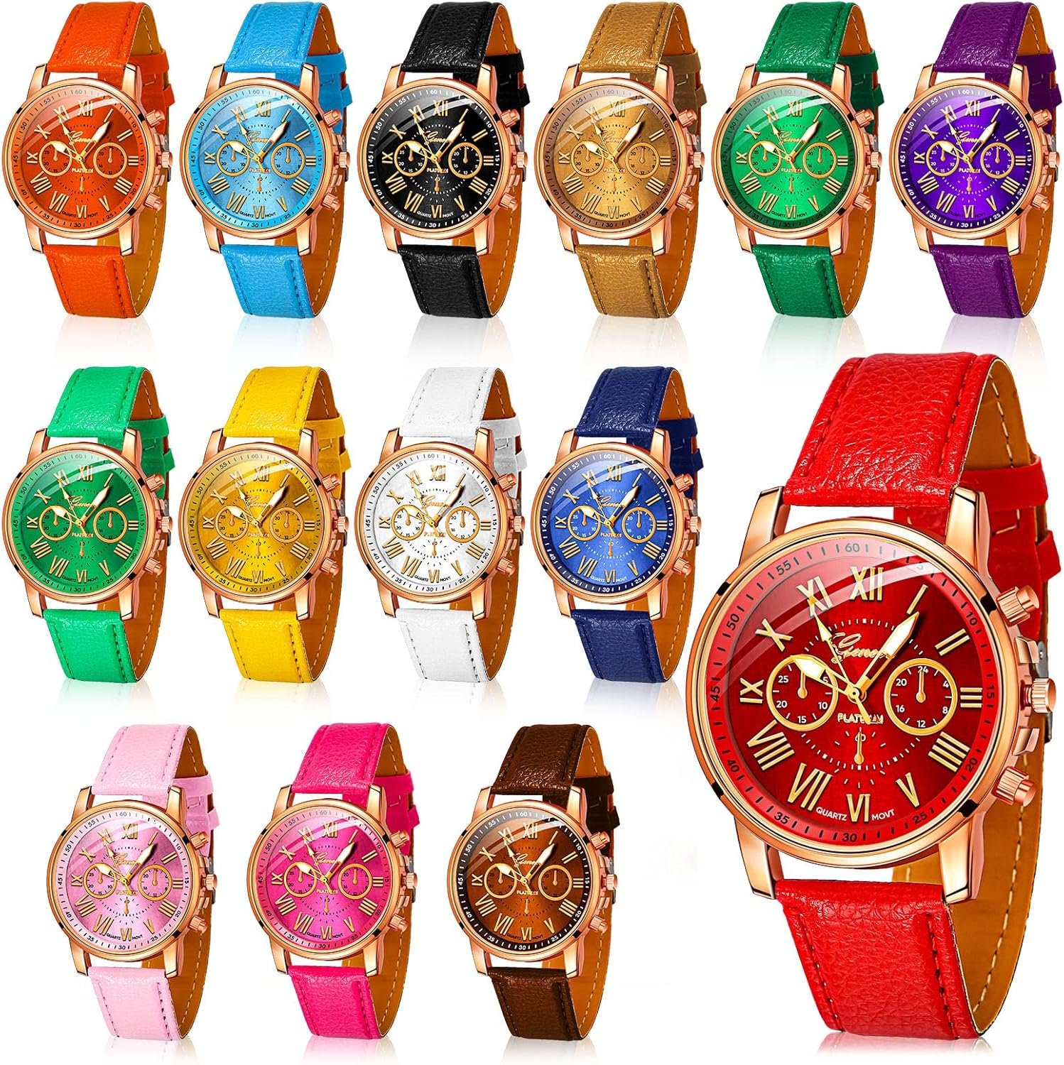 Yinkin 14 Pcs Assorted Platinum Watch Unisex Quartz Watch Sets for Women Men Ladies Watches Roman Numerals PU Leather Women’s Wrist Watches