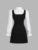 Women Short Dresses 2 In 1 Colorblock Turndown Collar Lantern Sleeve Black Suit Cute Dress