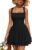 Trendy Queen Women’s Square Neck Summer Party Flowy Ruffle Hem Ruched Waist Mini Dress