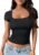 Trendy Queen Double Lined Short Sleeve Tshirts for Women Square Neck Cute Crop Top Spring Summer Basic Tees Workout Going Out