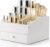 VLANDO Makeup Organzier,Vanity Organizer with Drawers, PU Leather Skincare Organizer Perfume Organizer,Large Cosmetic Display Case for Lipstick,Brushes Gifts for Women-White