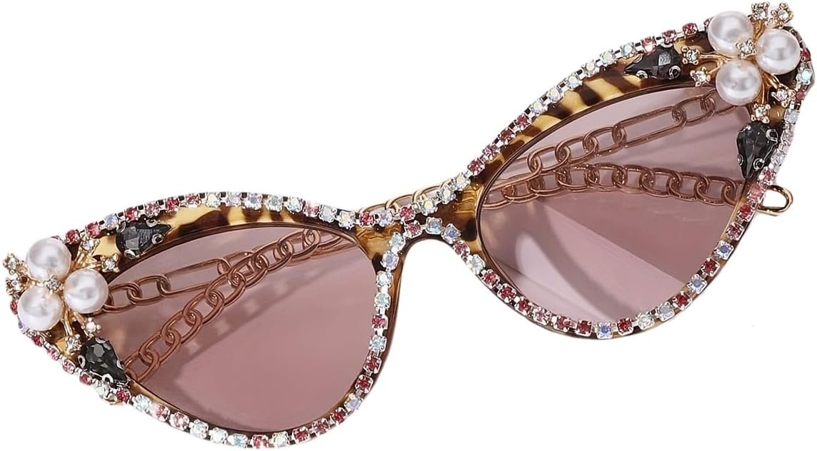 Cat Eye Rhinestone Chain Sunglasses Small Frame Retro Hawaiian Style, Lightweight for Street Style & Vacation