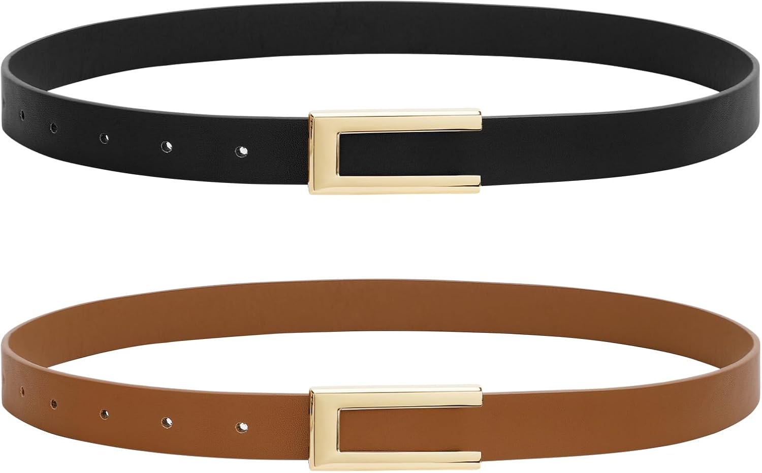 SANSTHS 2 Pack Skinny Leather Belts for Women, Ladies Thin Waist Belt for Dresses Jeans Pants with Gold Buckle