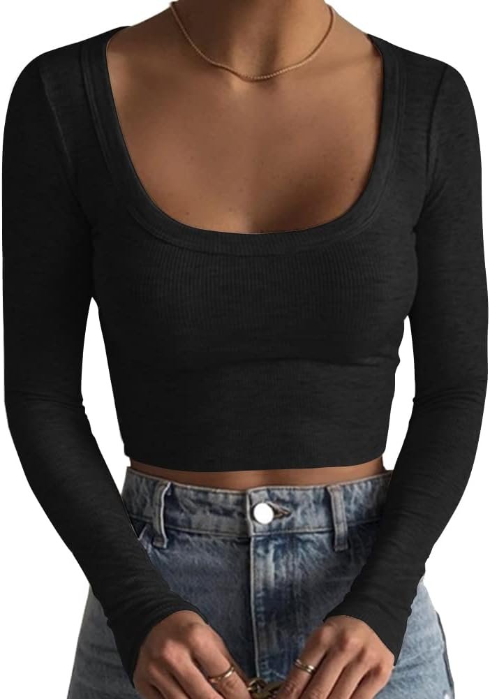 Artfish Women’s Square Neck Long Sleeve Ribbed Slim Fitted Casual Basic Crop Top
