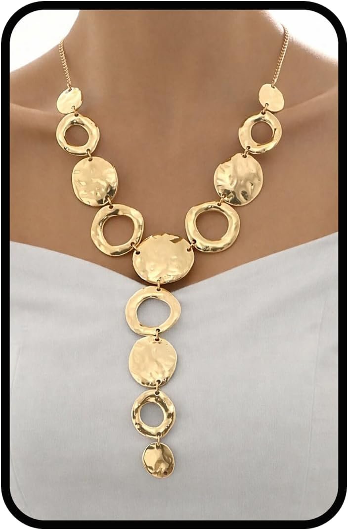 Chunky Silver Gold Statement Necklace for Women, Long Geometric Hammered Circle Bib Pendant Necklace Large Adjustable Trendy Elegant Modern Fashion Jewelry Gift