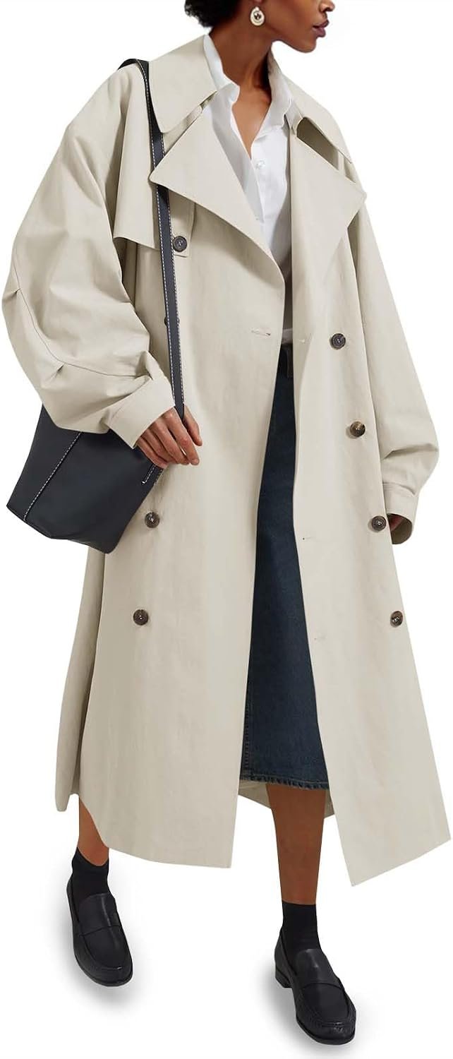 Tankaneo Womens Double Breasted Long Trench Coat Oversized Classic Lapel Belted Overcoat