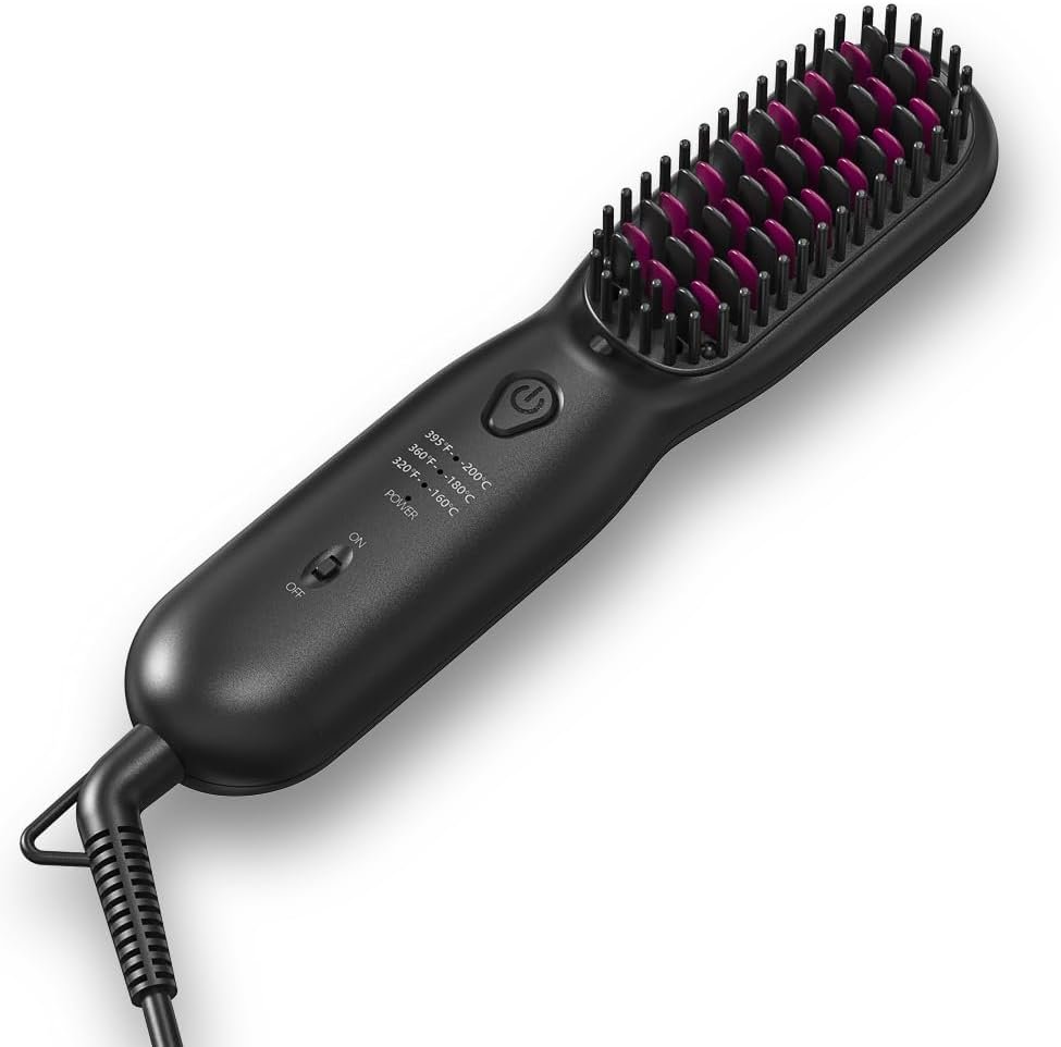 Hair Straightener Brush Dense Bristles Straightening Brush for Women Comb Quick Temperature Adjustment and Auto-Off Hair Accessories​ for Thick Curly Hair ​ (Black)