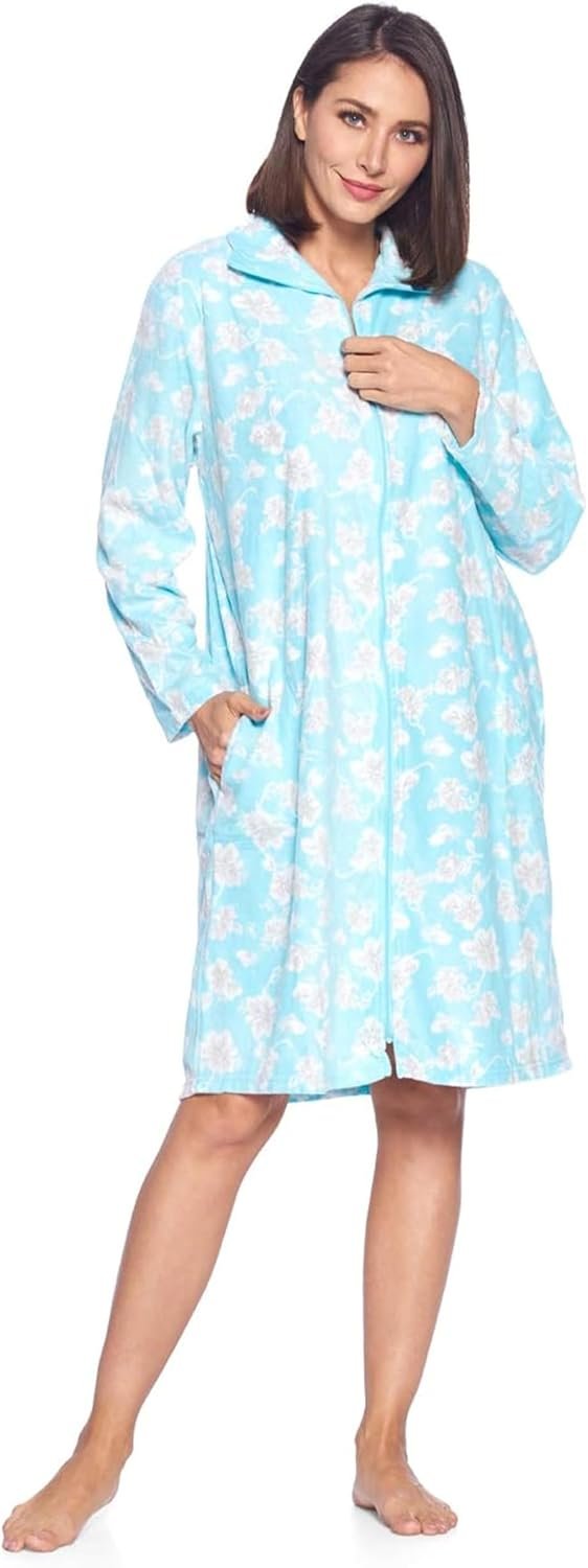 Casual Nights Women’s Printed Micro Fleece Zip Up Long Sleeve Sleepwear Duster Robe