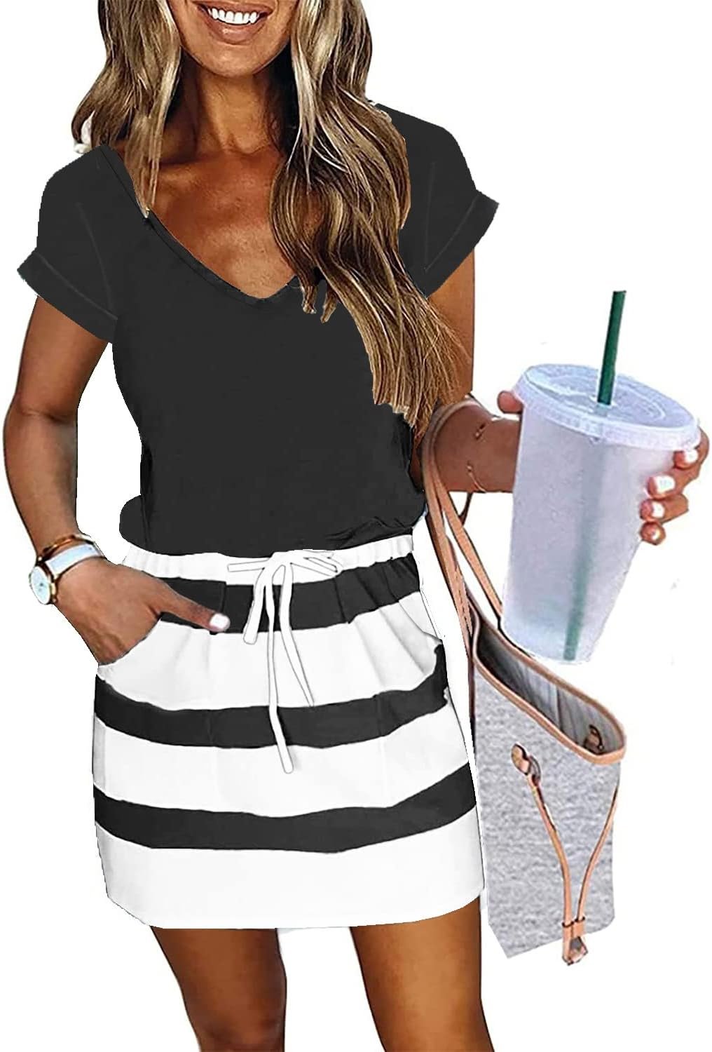 Womens Summer Dress Lantern Sleeve Square Neck Tie Front A-Line Double Layer Hem Mini Dresses