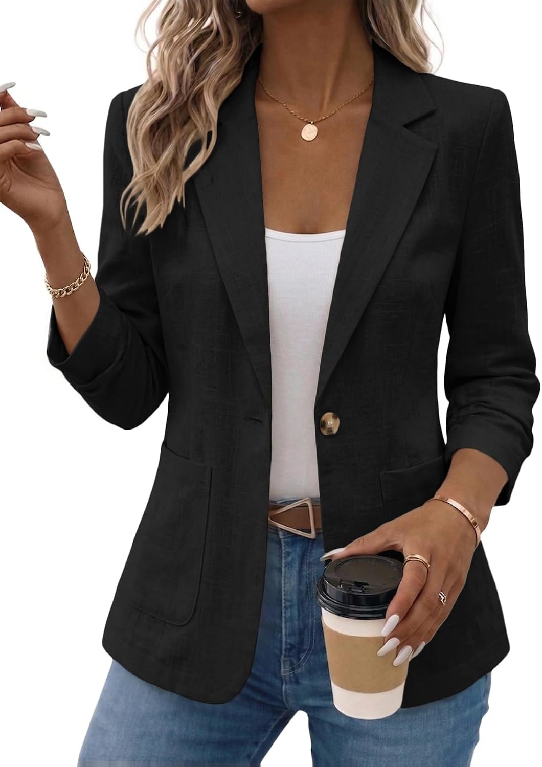 Mina Self 2026 Summer Linen Blazer Women-3/4 Ruched Sleeve Lightweight Breathable Business Casual Work Jackets Pocket