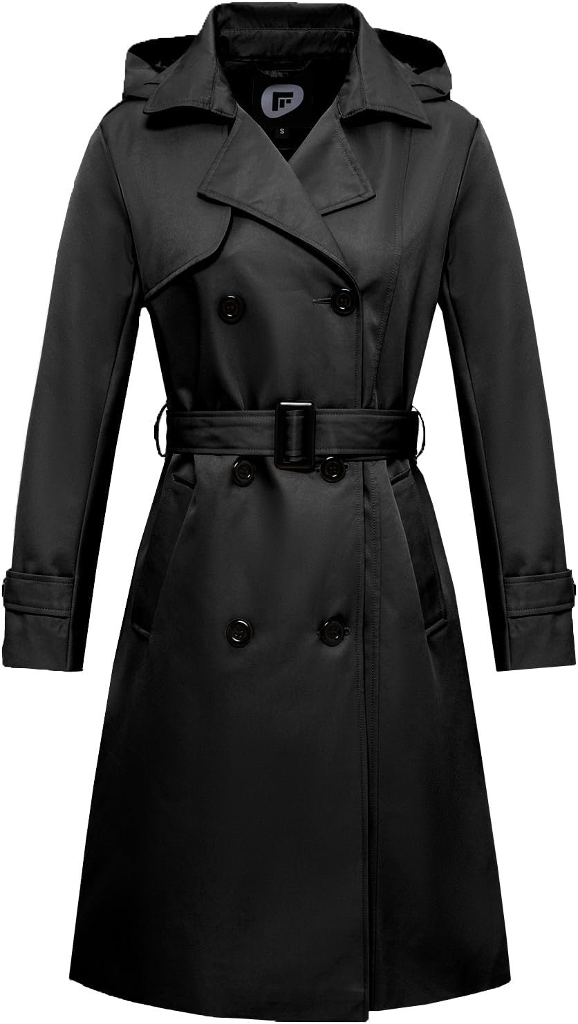 Garemcy Women’s Long Waterproof Trench Coat Double Breasted Classic Lapel Coat Belted with Detachable Hood