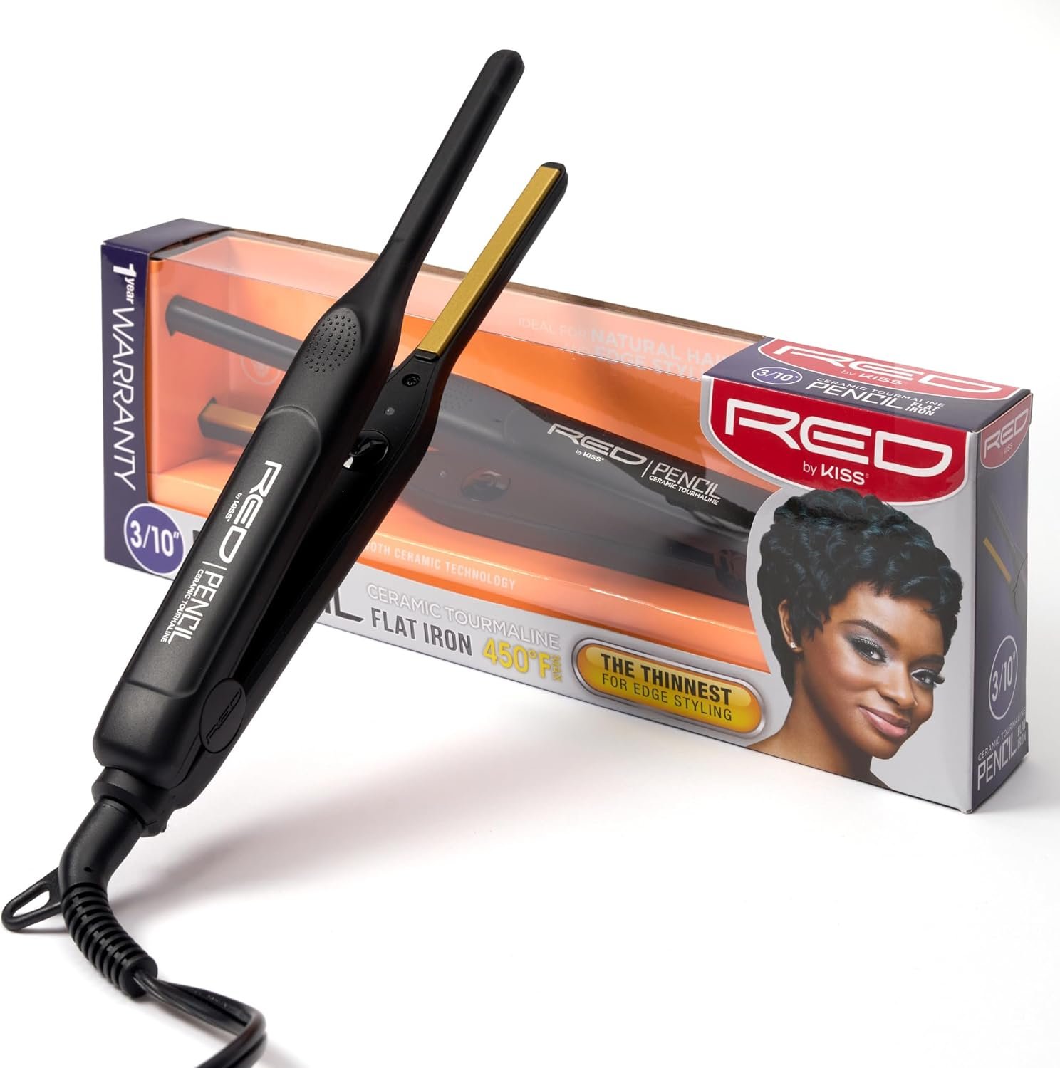 Red by Kiss 0.3 Inch Pencil Flat Iron, 3/10″ Ceramic Tourmaline Hair Straightener for Thin, Short Hair & Edge Styling, Fast 60s Heat Up to 450°F, Frizz Control Root Styling Wand, Tangle-Free, Black