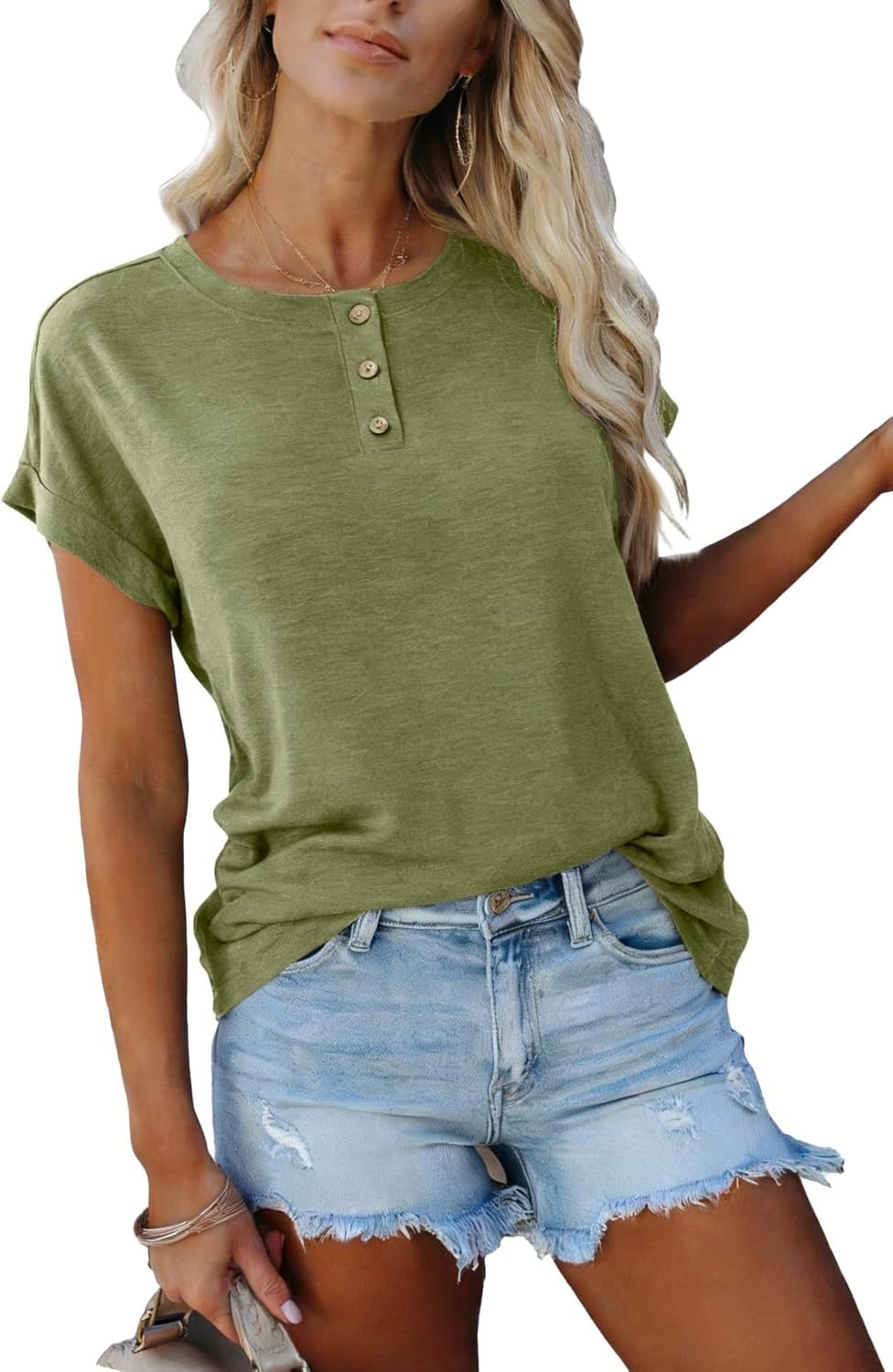 APOFER Women’s Casual Short Sleeve T-Shirts Summer Basic Crew Neck Loose Fit Henley Shirts