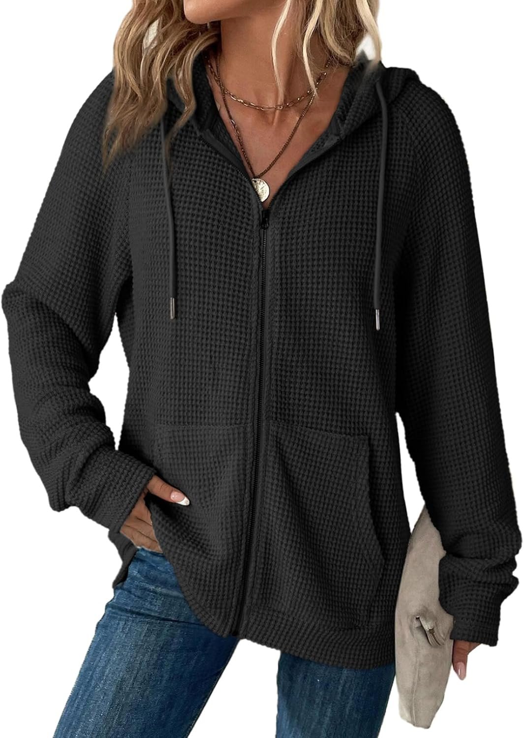 Dokotoo Women’s Full Zip Up Hoodies Waffle Knit Long Sleeve Drawstring Casual Sweatshirt Hooded Tops