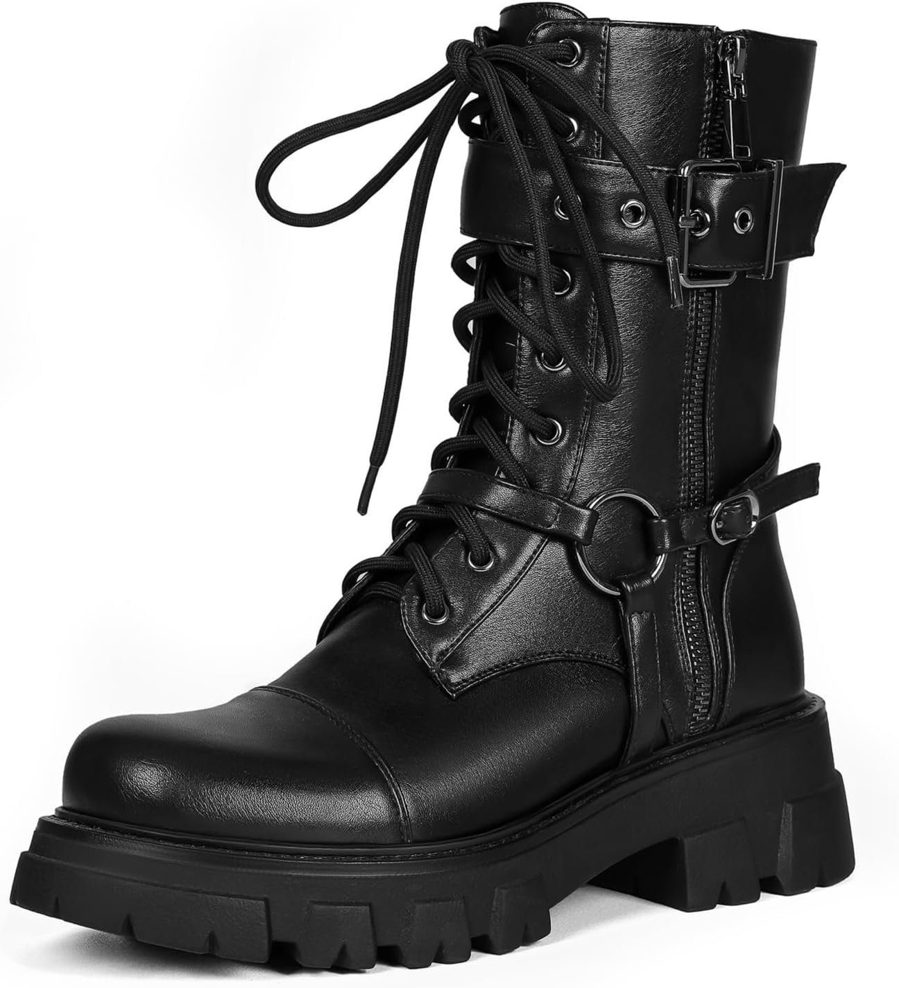 Women Harness Motorcycle Biker Boots Steampunk Combat Boots Chunky Mid Calf Goth Boots Lug Sole Lace up Side Zipper