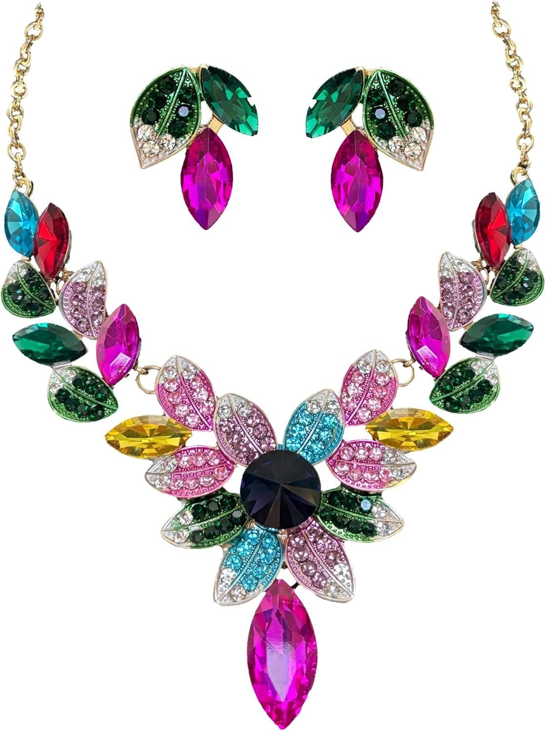 Women Jewelry Set Rhinestone Crystal leaf shape Statement Choker Necklace Teardrop Cluster Dangle Earrings Set for Wedding Prom Party