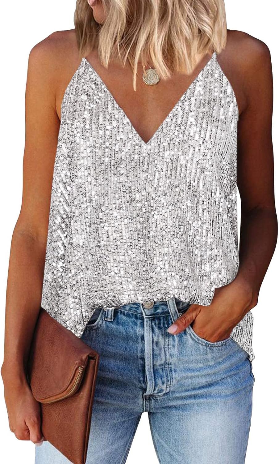 miduo Womens Tank Tops Casual Fashion V Neck Strappy Sequin Sparkle Shimmer Camisole Sleeveless Tanks Tops