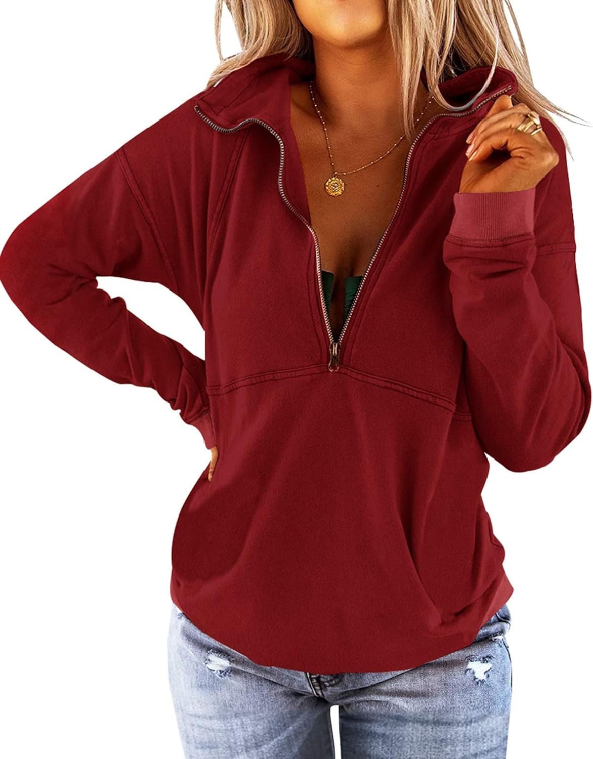 Floral Find Women’s Long Sleeve Lapel Half Zip Up Sweatshirt Solid Stylish Loose Fit Casual Pullover Tops