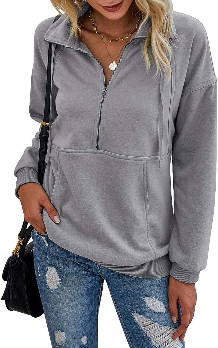 PRETTYGARDEN Women’s Casual Long Sleeve Lapel Zipper Sweatshirt Drawstring Loose Pullover Tops