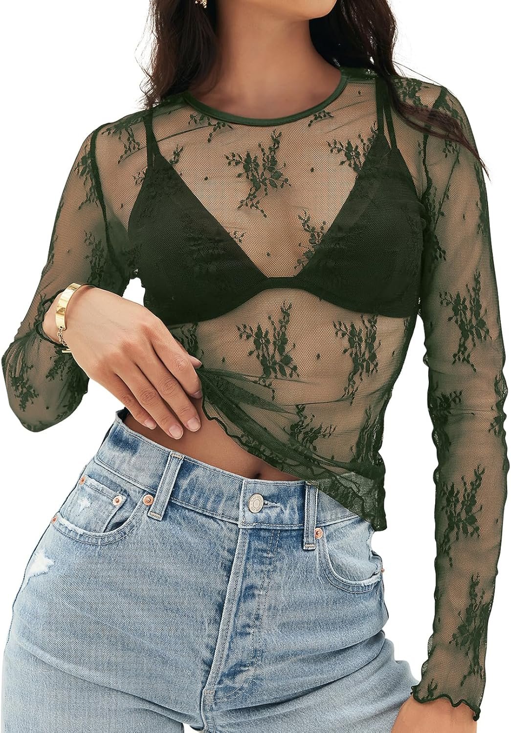 MEROKEETY Womens 2026 Long Sleeve Lace Sheer Mesh Tops Undershirt Sexy See Through Going Out Crewneck Blouse Shirts Clothes