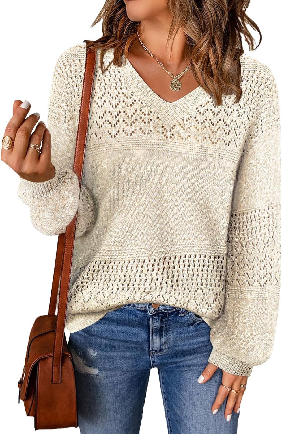MixShe Womens Knit Sweaters 2026 Fall V Neck Long Sleeve Pullover Casual Loose Tops
