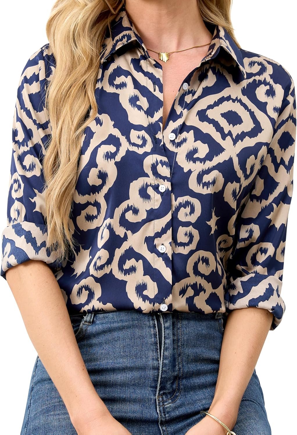 Wrinkle-Resistant Women Silky Button Down Shirts Fashion Printed Dressy Blouse Business Casual Long Sleeve Work Tops