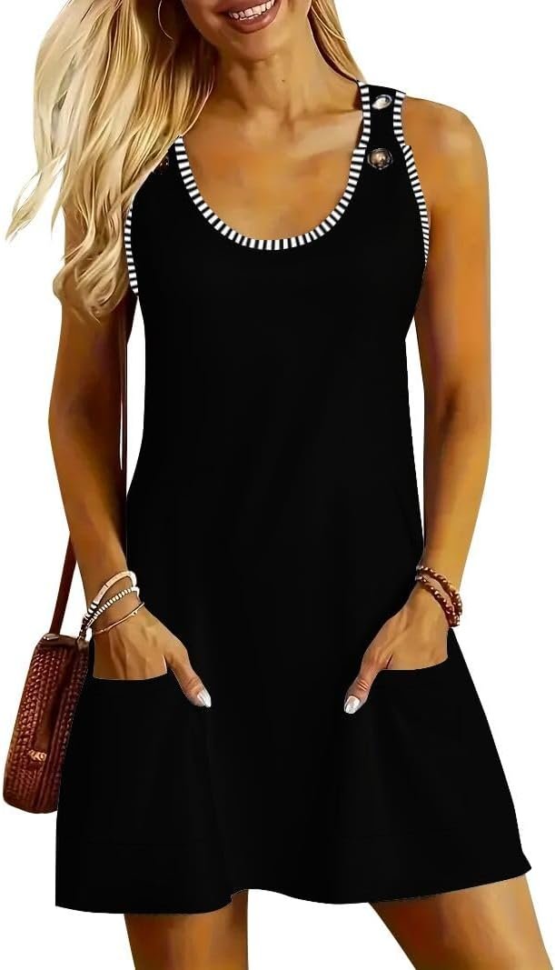ETCYY NEW Womens Sleeveless Summer Dresses Casual U Neck Striped Sundresses