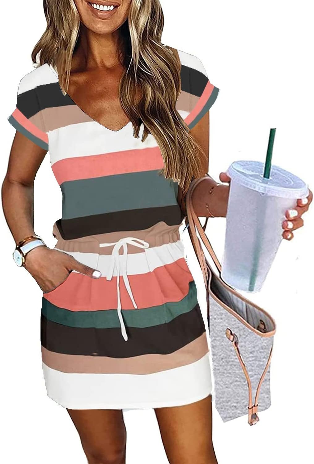 Womens Summer Dress Lantern Sleeve V Neck Tie Front Drawstring Mini Dress