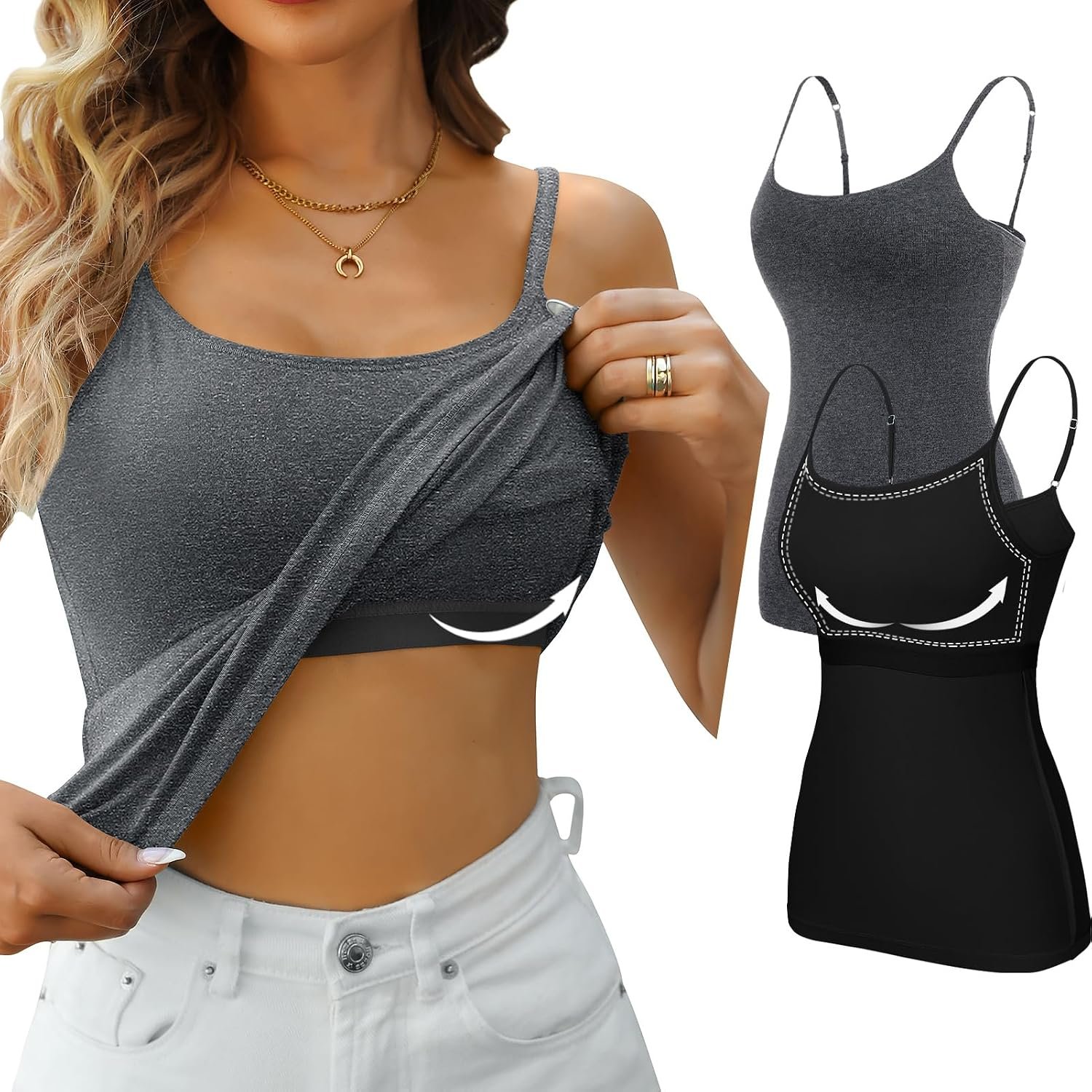 V FOR CITY Women’s Non-Padded Shelf Bra Camisole Tops Adjustable Spaghetti Strap Cami Tank Cotton Undershirts 2 Pack