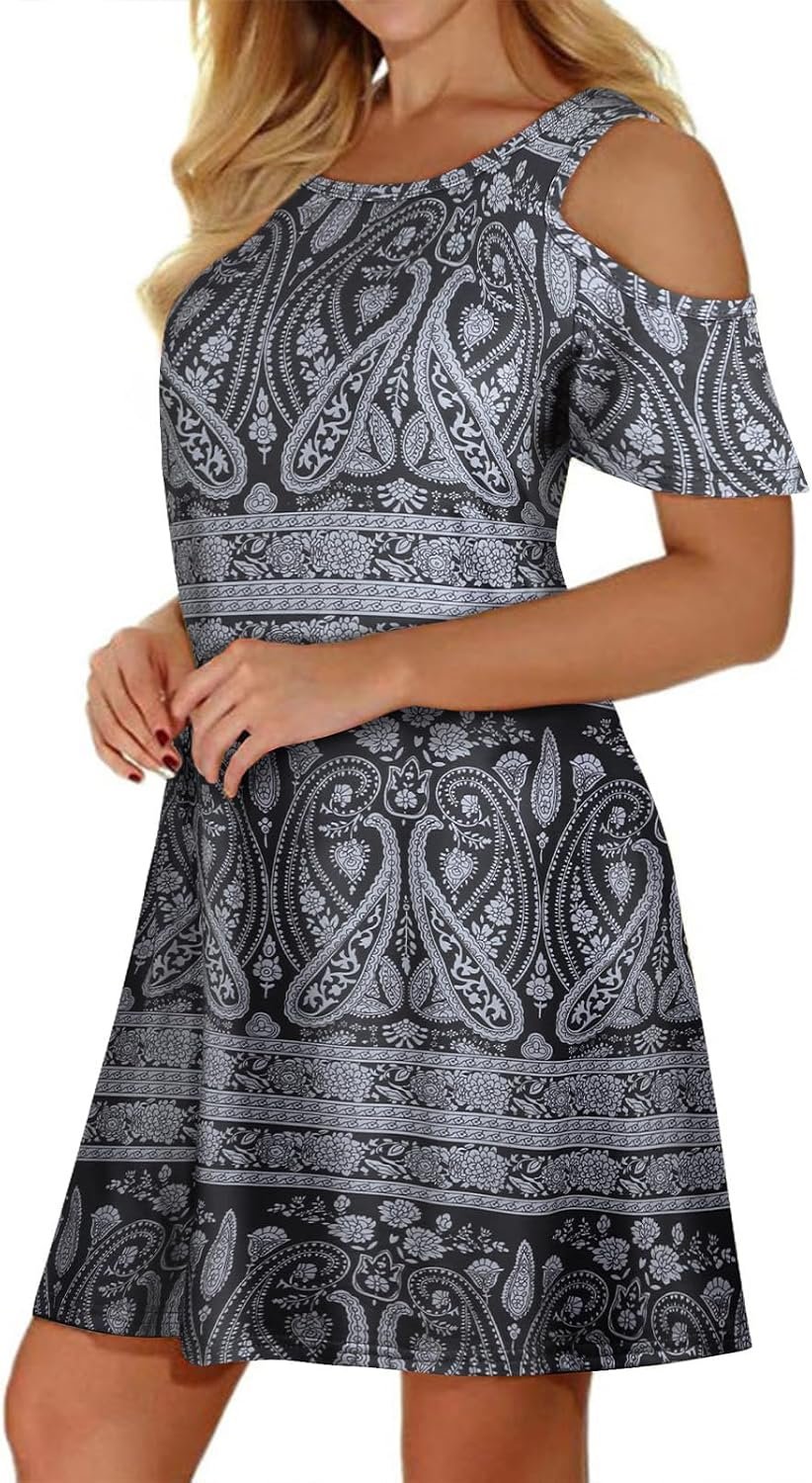 Misyula Style Womens Summer Cold Shoulder Floral Flowy T-Shirt Dress with Pockets