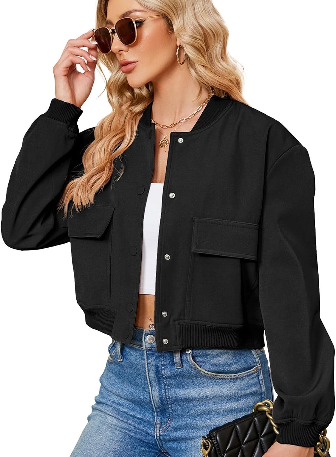 Zando Cropped Bomber Jacket Women 2026 Short Trendy Casual Varsity Jackets | Padded Shoulders Structured Fit, Lightweight for Spring Fall, Side Pockets Button Down, Versatile for Daily Outdoor Travel