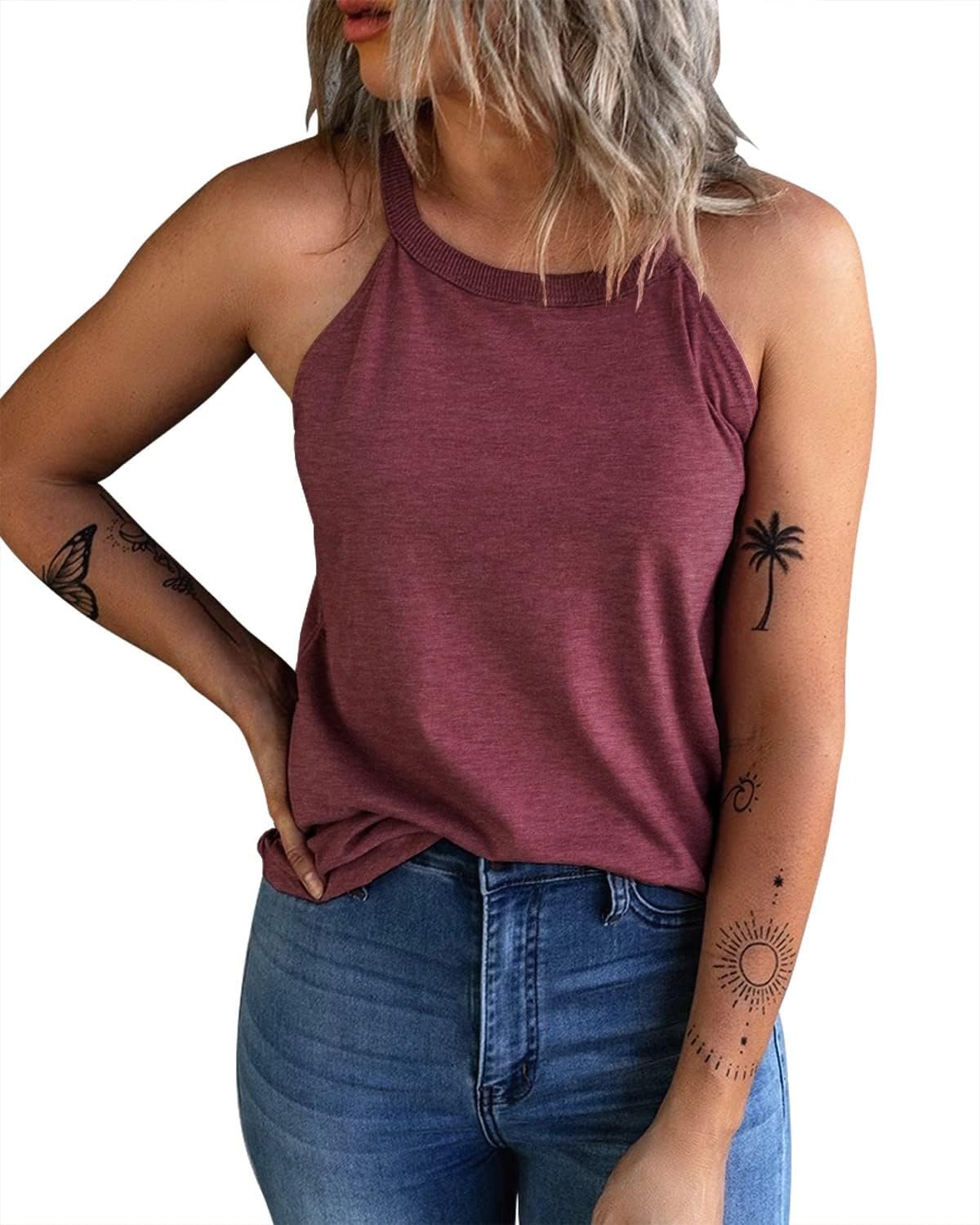 KINLONSAIR Women’s Summer Sleeveless Halter Tee Shirts Crew Neck Workout Tank Tops Casual Plain Cami Shirts