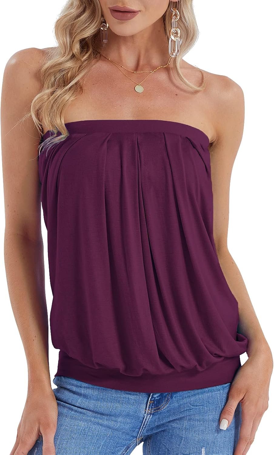 DJT Women’s Strapless Bandeau Tube Top, Loose Casual Summer Tank Top