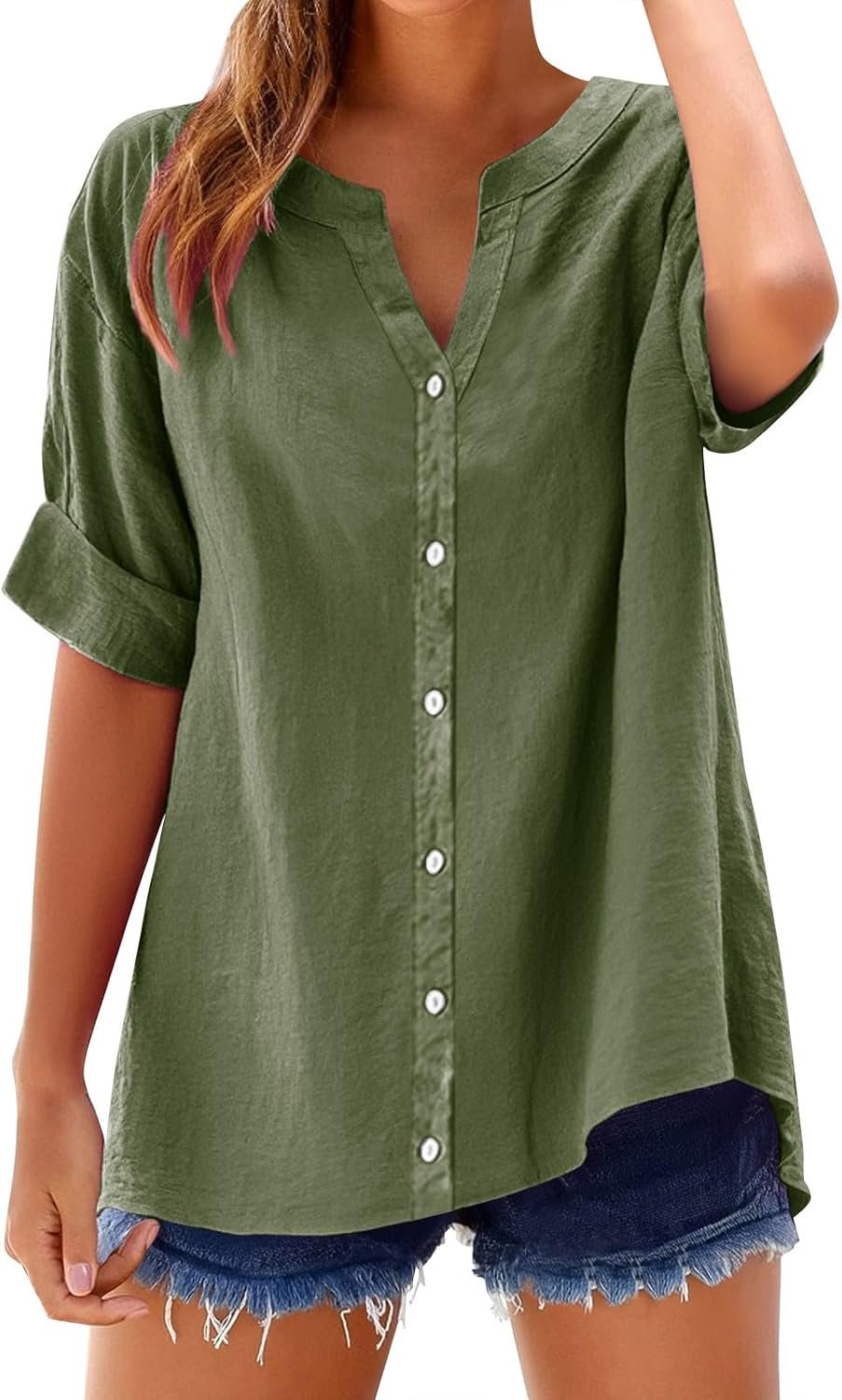 Nantdog Womens Linen Button Down Shirts Gauze Cotton Shirt Short Sleeve Oversized Boyfriend Solid Tunic Tops Casual Dressy