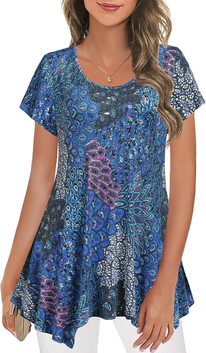 Nandashe Women Short Sleeves Tunic Shirts Casual Scoop Neck Floral Irregular Hem Blouses Tops