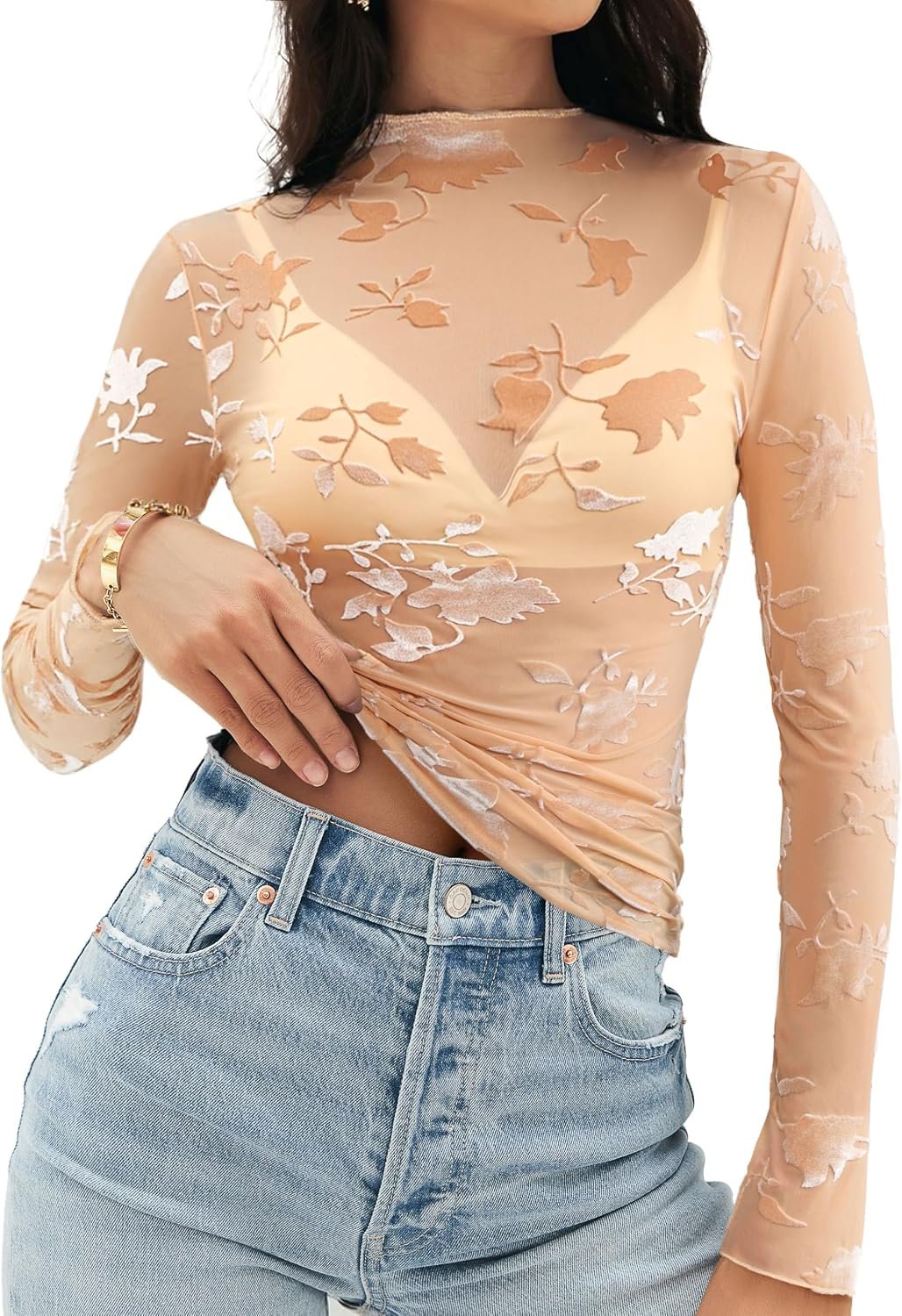 MEROKEETY Womens Mesh Sheer Lace Long Sleeve Tops 2026 See Through Mock Neck Shirt Fashion Blouses Date Night Outfit Clothes